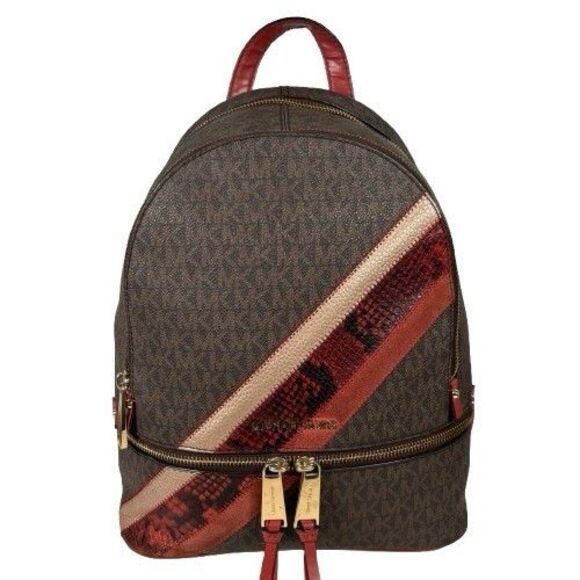 Rare Michael Kors Rhea Zip Backpack Signature Logo Red Snakeskin Suede Stripe - Picture 1 of 16